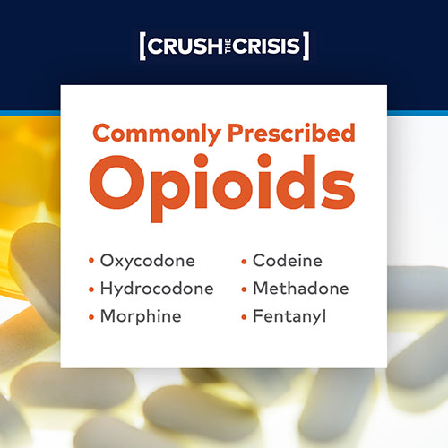 Commonly Prescribed Opioids: Oxycodone, codeine, hydrocodone, methadone, morphine, fentanyl